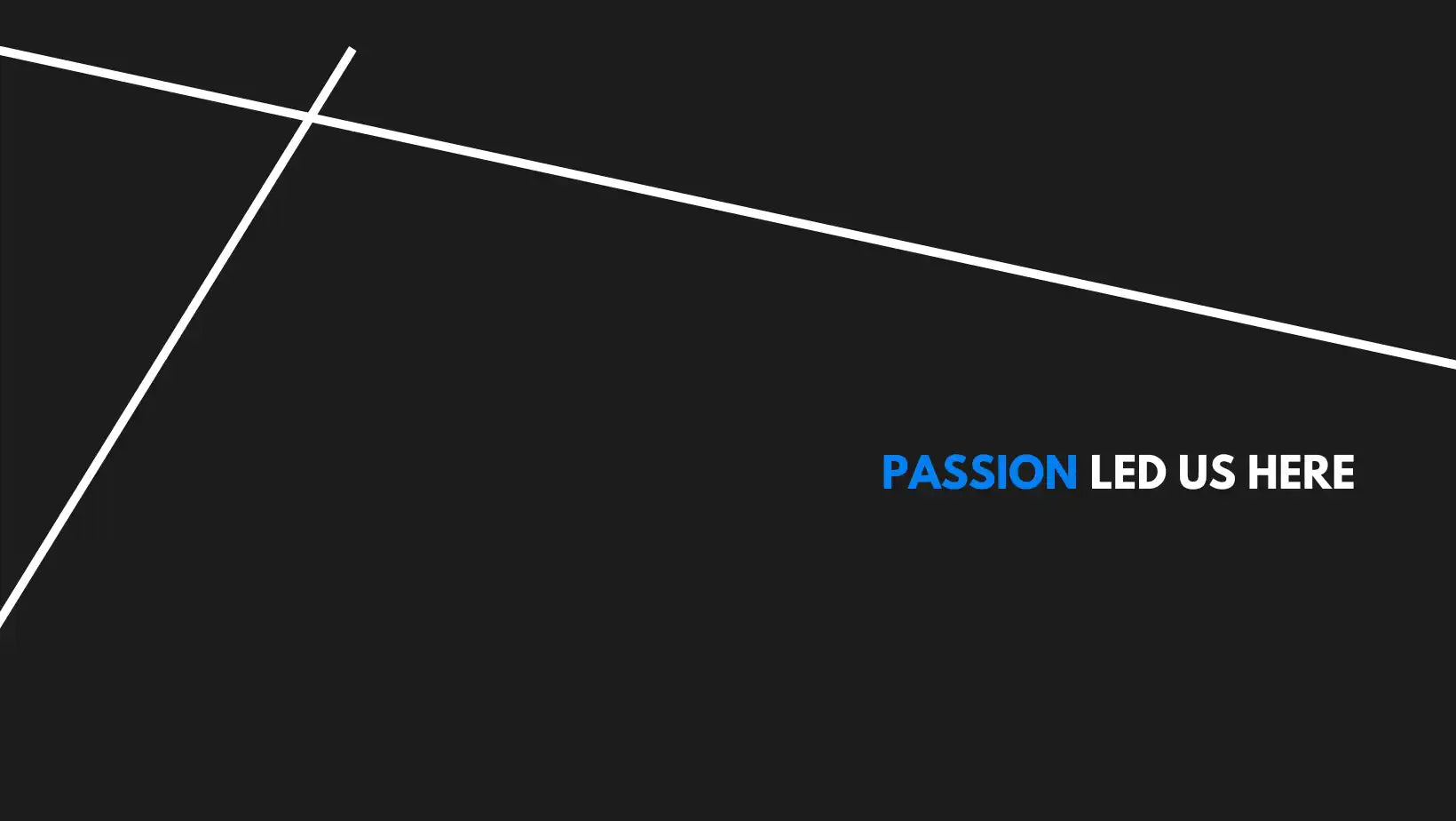 White intersecting lines on a dark background with blue text reading ’PASSION LED US HERE’