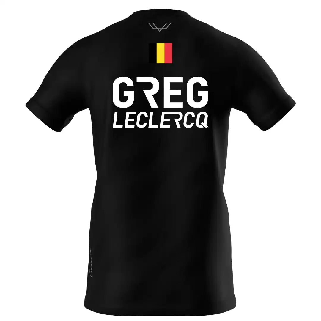 Black t-shirt with ’GREG LECLERCQ’ text and a Belgian flag design.