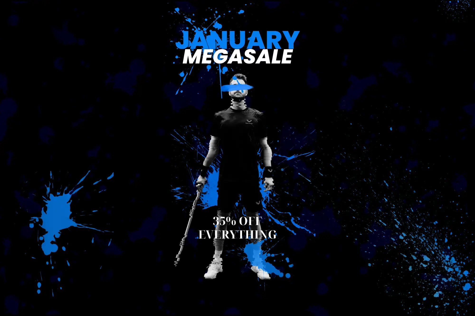 A stylized black-and-white figure in a dark outfit stands against a dynamic blue splatter background, holding an ornate weapon.