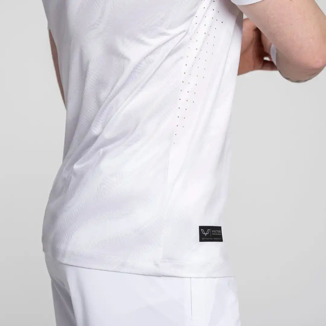 White t-shirt with a small black label on the lower side.